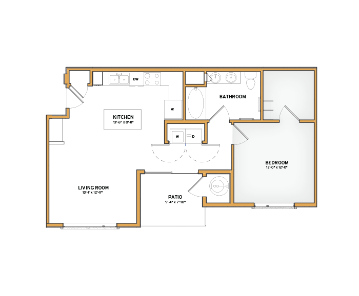 Floor plan for 1 bed, 1 bath, 739 sqft